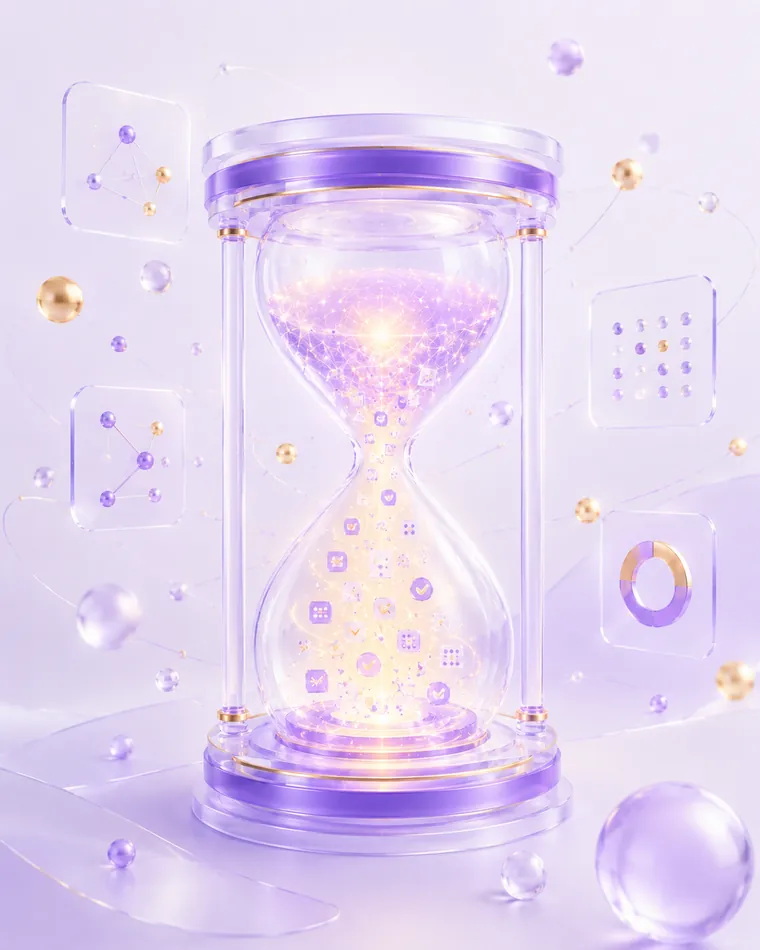 玻璃沙漏里落下的沙变成发光的任务图标并加速,象征用 AI 节省时间提升效率