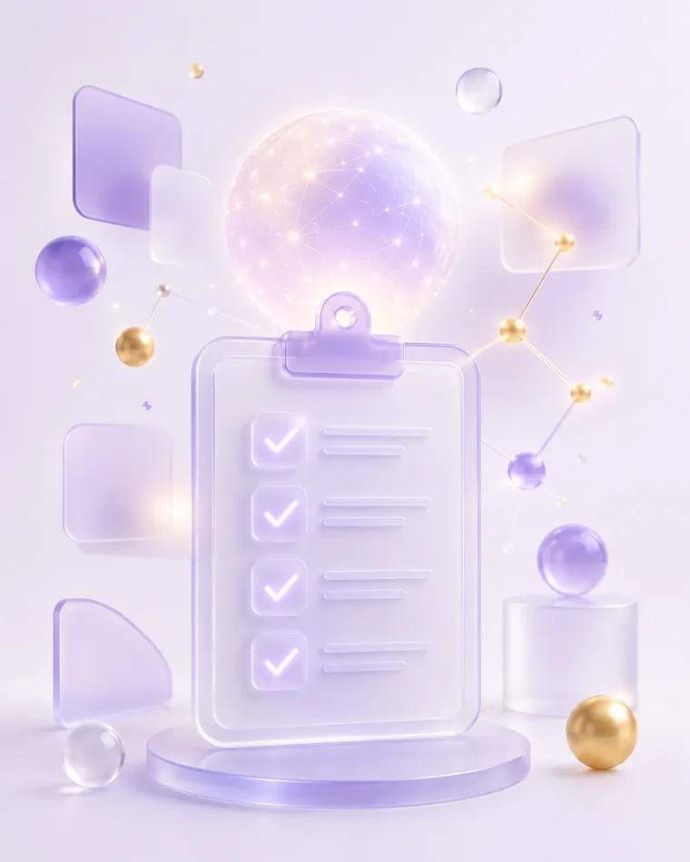 玻璃质感的清单板上打着几个发光的勾,象征用 AI 工具前的核对清单