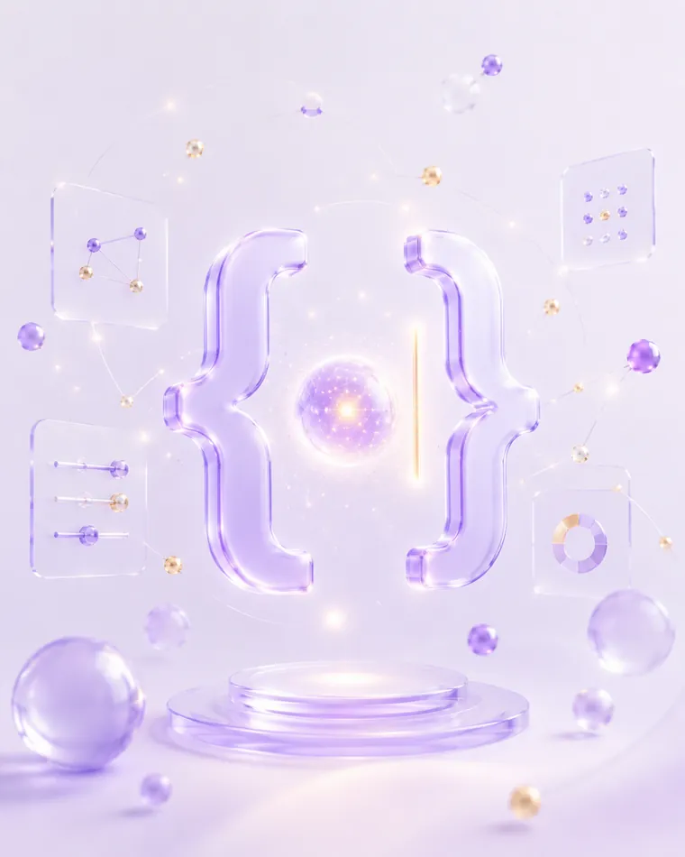 玻璃质感的代码括号与一束光标光束，象征用 AI 工具 Cursor 写代码