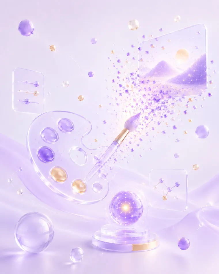玻璃调色盘与画笔化作彩色粒子组成画面，象征用 Midjourney 生成 AI 图片