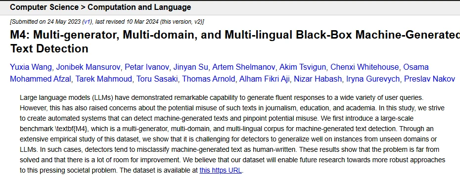 Halaman ringkasan paper M4 di arXiv tentang deteksi teks buatan mesin yang multi-generator, multi-domain, dan multibahasa