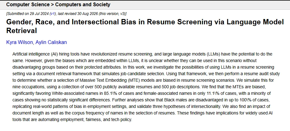 Halaman ringkasan di arXiv untuk paper Gender, Race, and Intersectional Bias in Resume Screening via Language Model Retrieval karya Kyra Wilson dan Aylin Caliskan
