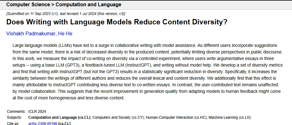 Página de resumo no arXiv do artigo Does Writing with Language Models Reduce Content Diversity?, de Vishakh Padmakumar e He He