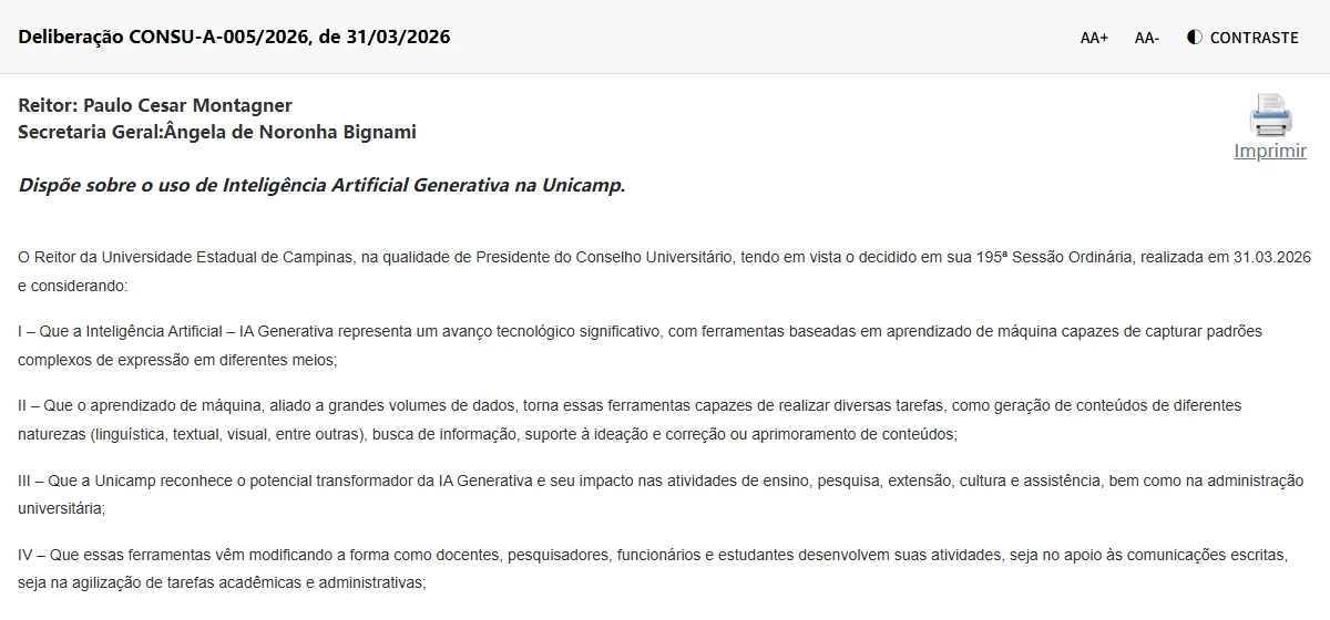 Página da Procuradoria Geral da Unicamp com a Deliberação CONSU-A-005/2026, de 31/03/2026, que dispõe sobre o uso de Inteligência Artificial Generativa na Unicamp