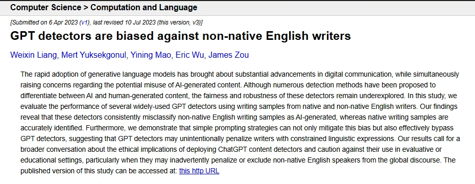 Abstract page sa arXiv ng papel na GPT detectors are biased against non-native English writers nina Weixin Liang at iba pa