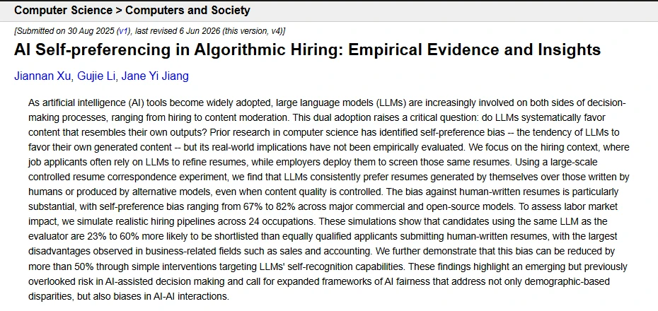 Abstract page sa arXiv ng papel na AI Self-preferencing in Algorithmic Hiring nina Jiannan Xu, Gujie Li at Jane Yi Jiang