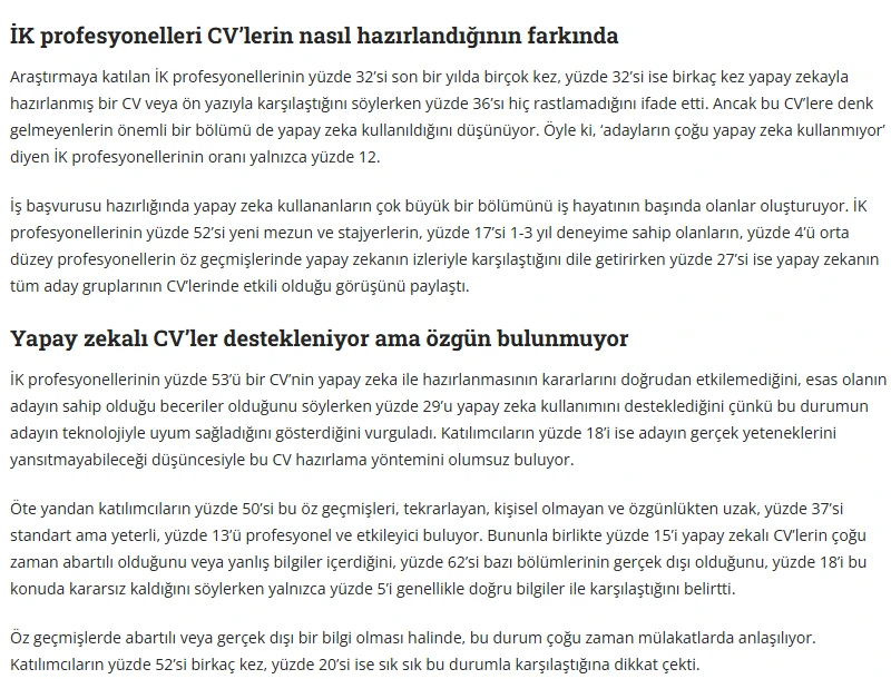Enterprise Next haberinde Kolay İK anketinin sonuçları: İK profesyonellerinin yapay zekayla hazırlanmış CV'lerle karşılaşma oranları ve bu CV'leri nasıl buldukları